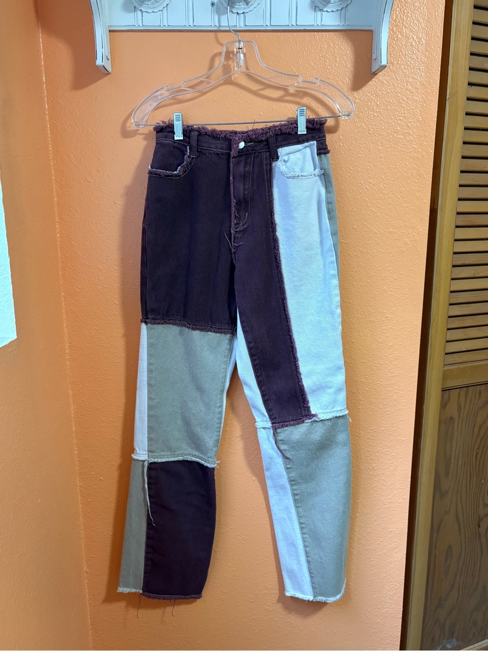 SHEIN Patchwork Straight-Leg Jeans in Brown, Tan & White
